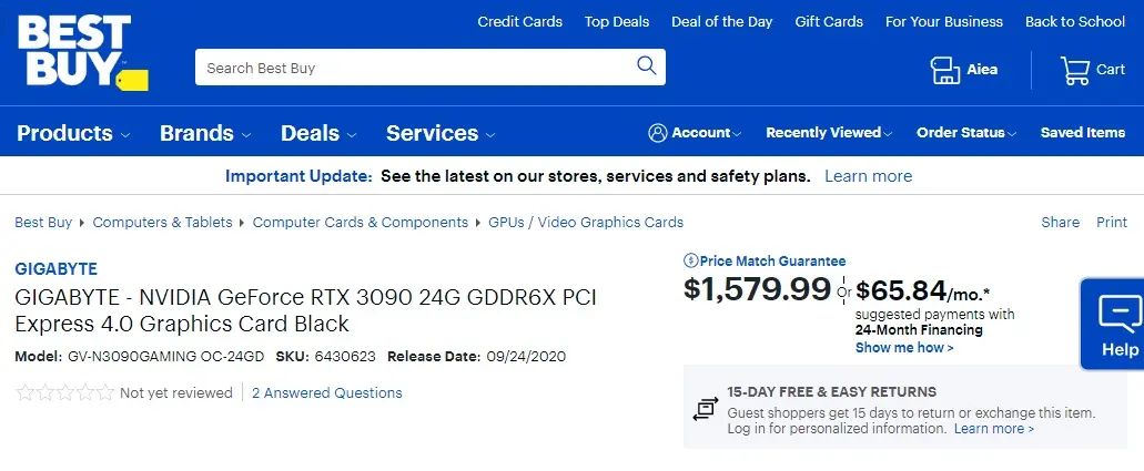 英伟达 RTX 3090 现身亚马逊和百思买，技嘉售价 15