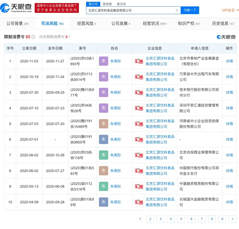 快讯！汇源饮料及朱燕彤再被限制消费