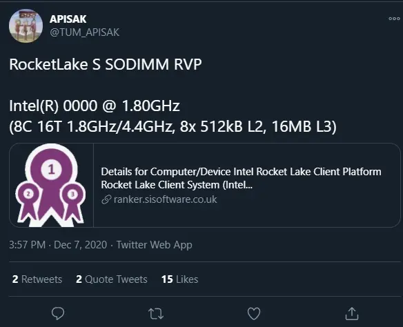 未命名的英特尔 Rocket Lake 处理器基准测试泄露，略弱 R3 3300X
