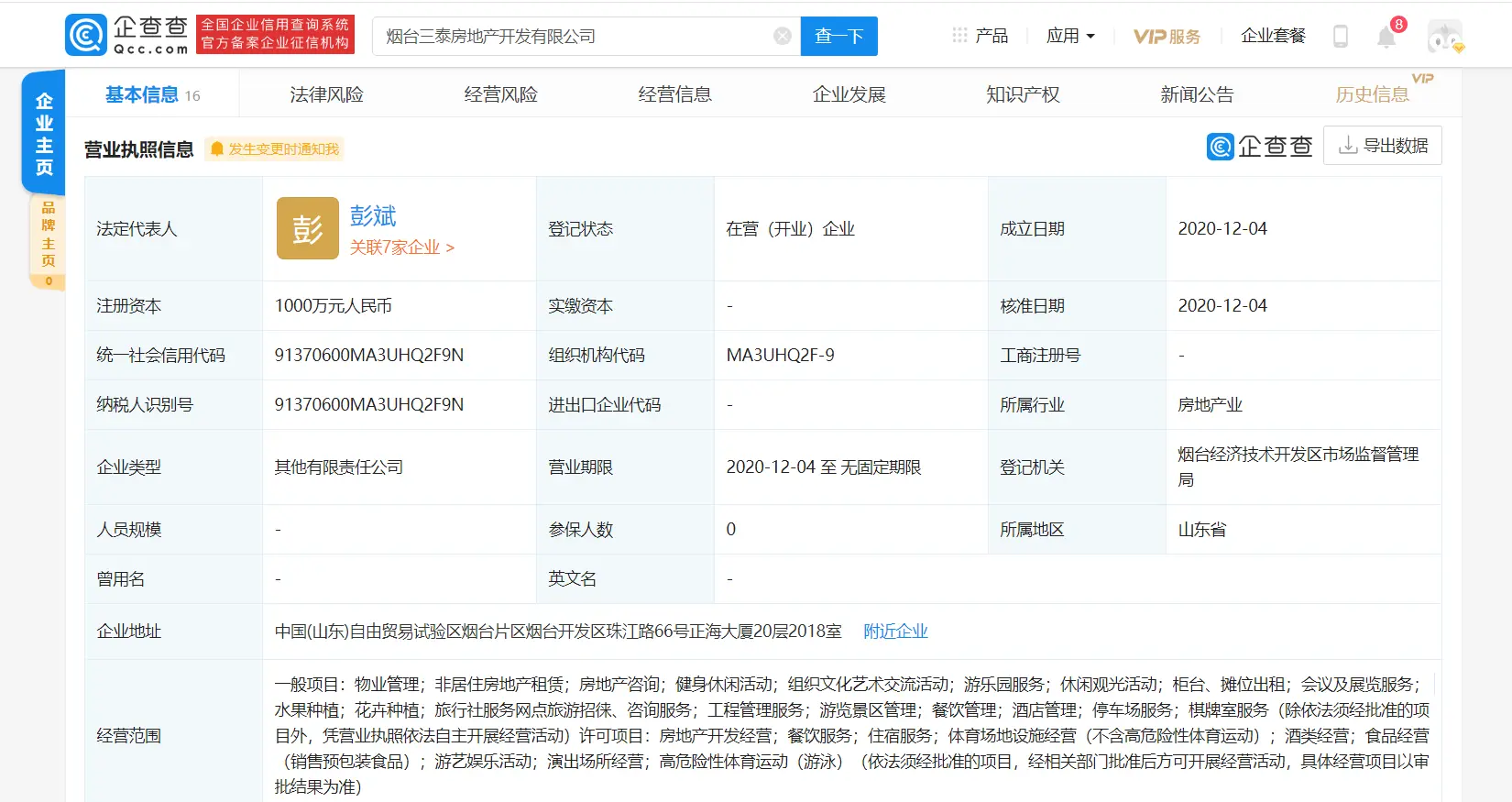 张裕A投资350万元烟台三泰房地产开发有限公司