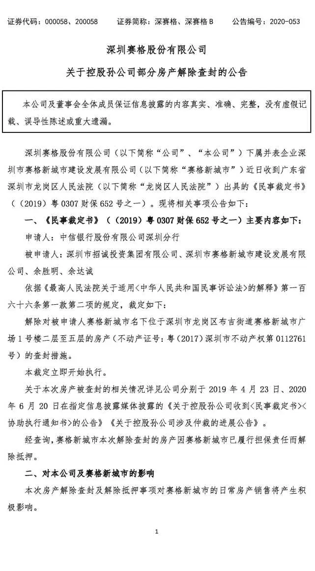 深赛格：关于控股孙公司部分房产解除查封的公告