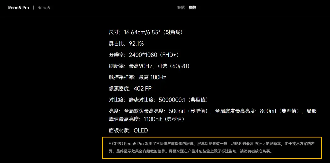 OPPO Reno5系列混用不同供应商屏幕，包装盒上会有标注