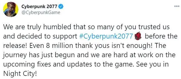 預購超800萬CDPR發推感謝 表示將修復遊戲BUG