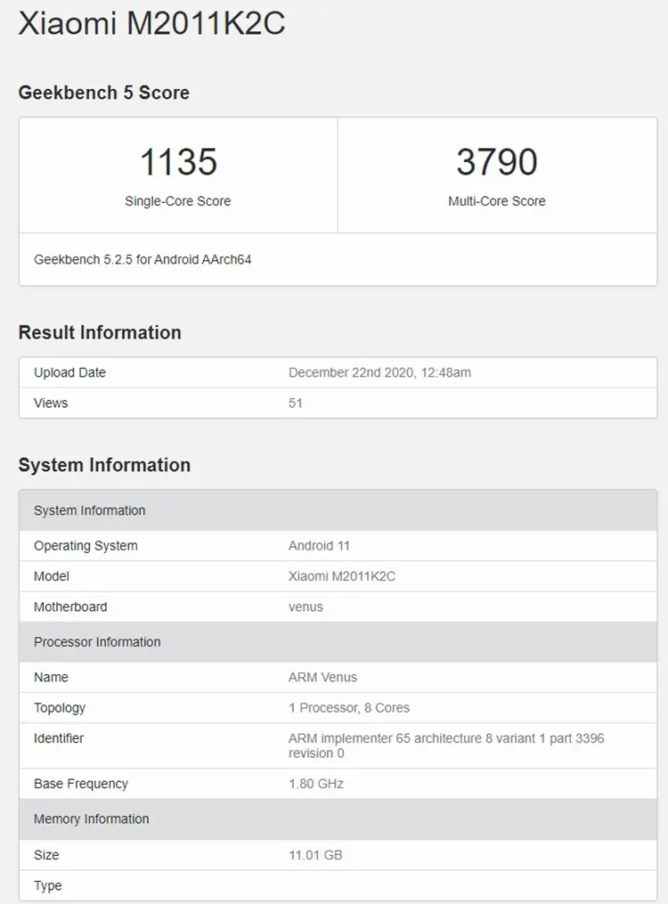 小米11的GeekBench5跑分曝光，同为骁龙888却高于友商