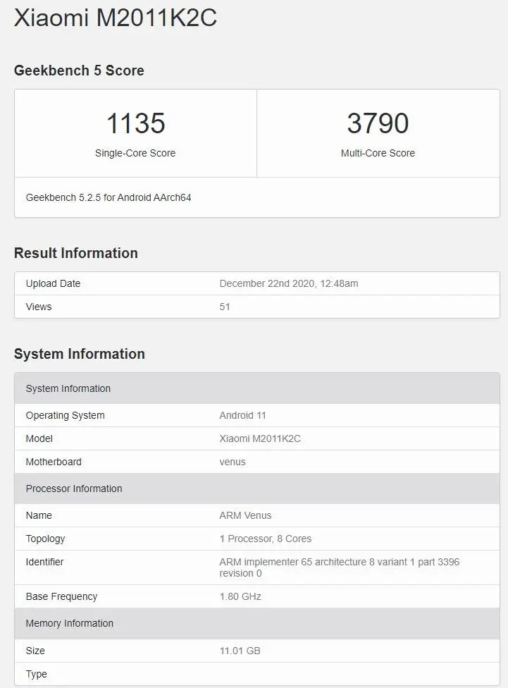 小米11现身跑分网站：骁龙888加持，拿下3790多核跑分