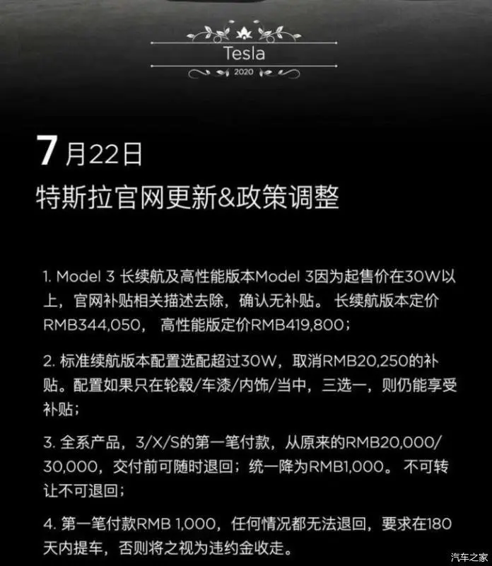 特斯拉官网更新相关政策，Model 3起售价30万以上取消补贴，定金降为1000元，不可转也不可退