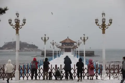 白雪与回澜阁相映成趣 栈桥雪后风景美