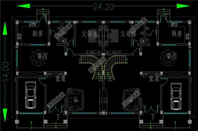 农村带车库双拼别墅设计图，双户都带车库，建好村里人都羡慕