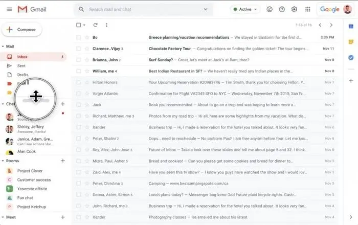 网页端Gmail允许调整左侧导航栏Chat and Rooms大小