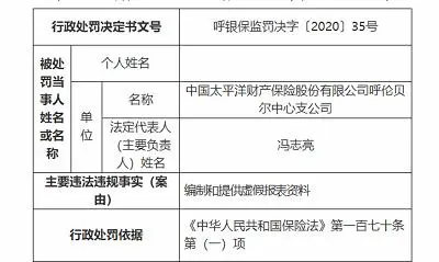 因编制提供虚假报表资料，太平洋财险呼伦贝尔中支被罚