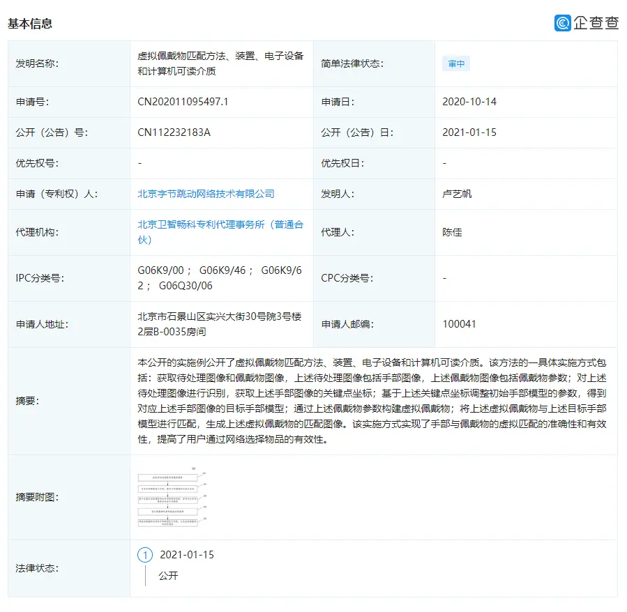 字节跳动公开“虚拟佩戴物匹配方法”相关专利