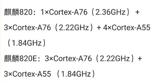 麒麟820E处理器参数出来了，六核心