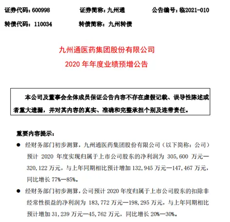 非经常性损益金额超十亿元 九州通2020年净利预增77％—85％