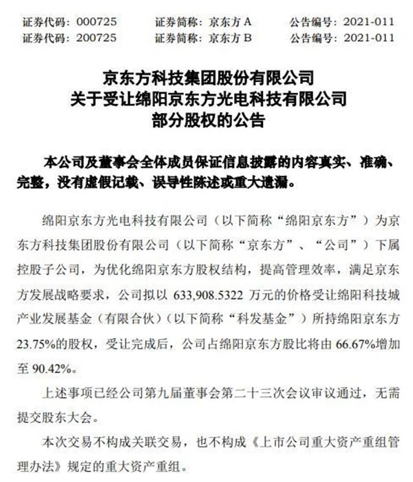 京东方A拟受让绵阳京东方部分股权 持股比例超90％