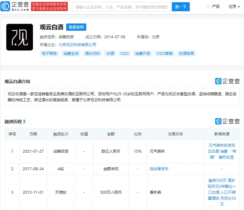 “观云白酒”获元气森林数亿元投资，当前共融资3轮