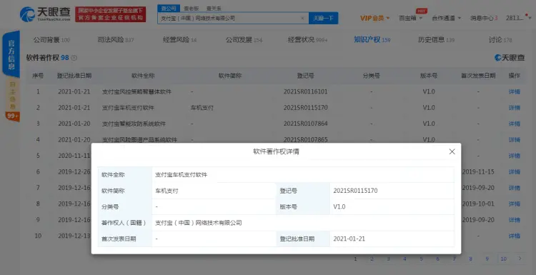 支付宝登记“支付宝车机支付软件”软件著作权