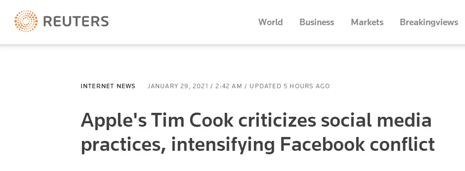 苹果CEO库克批评社交媒体充斥虚假信息，外媒：加剧与脸书冲突