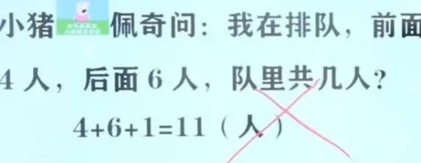 “前面4人、后面6人，一共几人？”回答11人，老师：审题不仔细