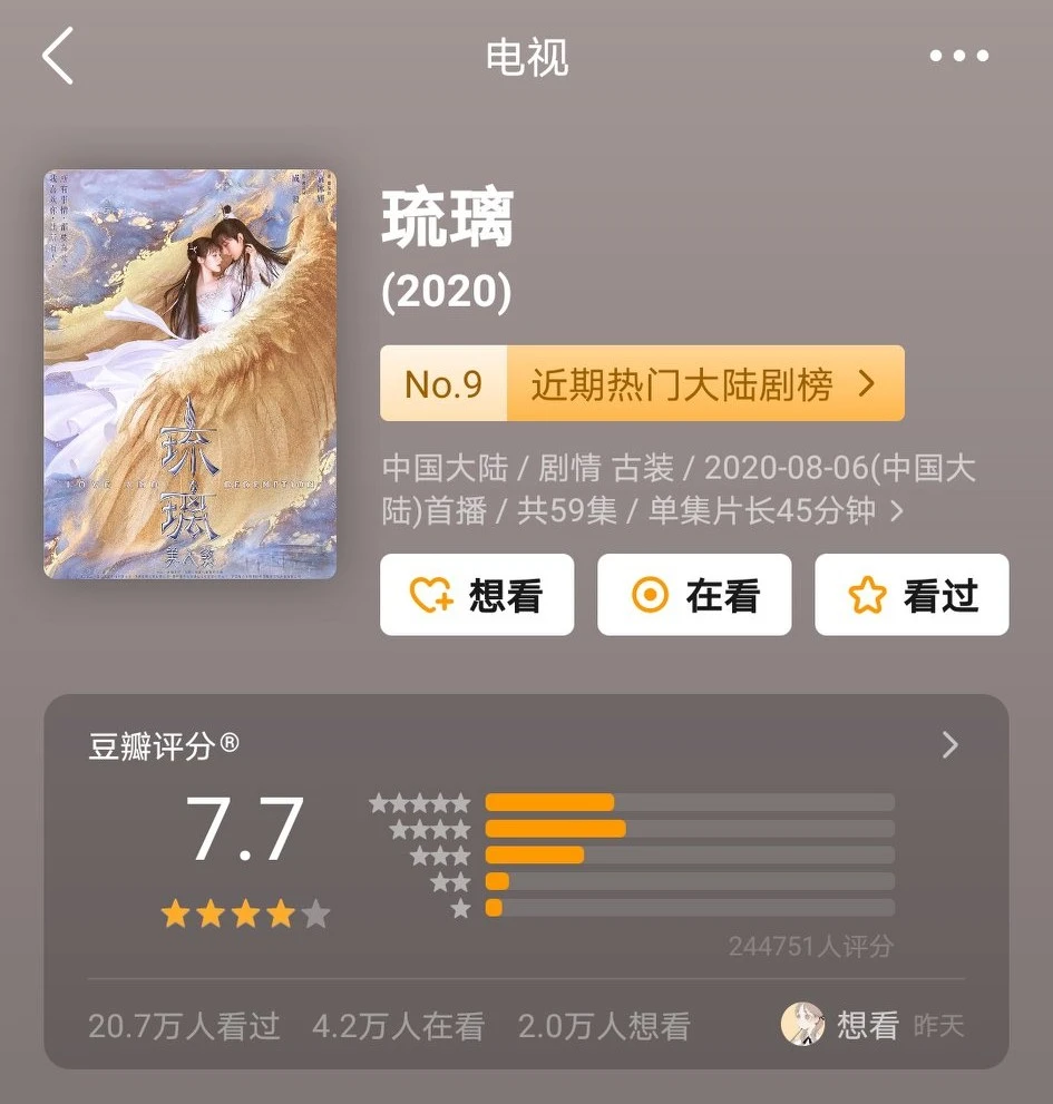 琉璃回归：承《仙剑》，与《东宫》比虐，24万人打出豆瓣7.7高分