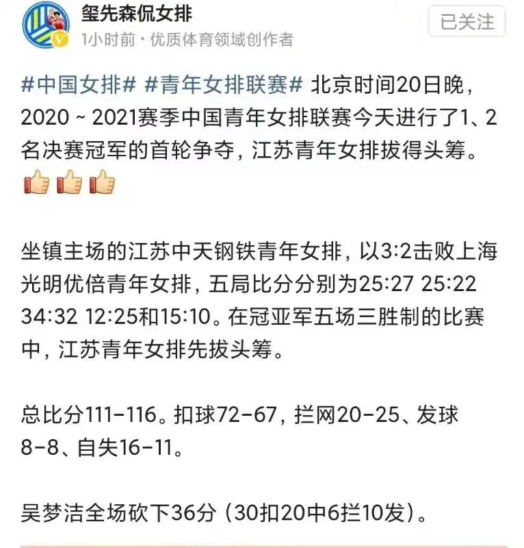 江苏女排青训见成效，青年联赛勇夺冠，吴梦洁势不可挡