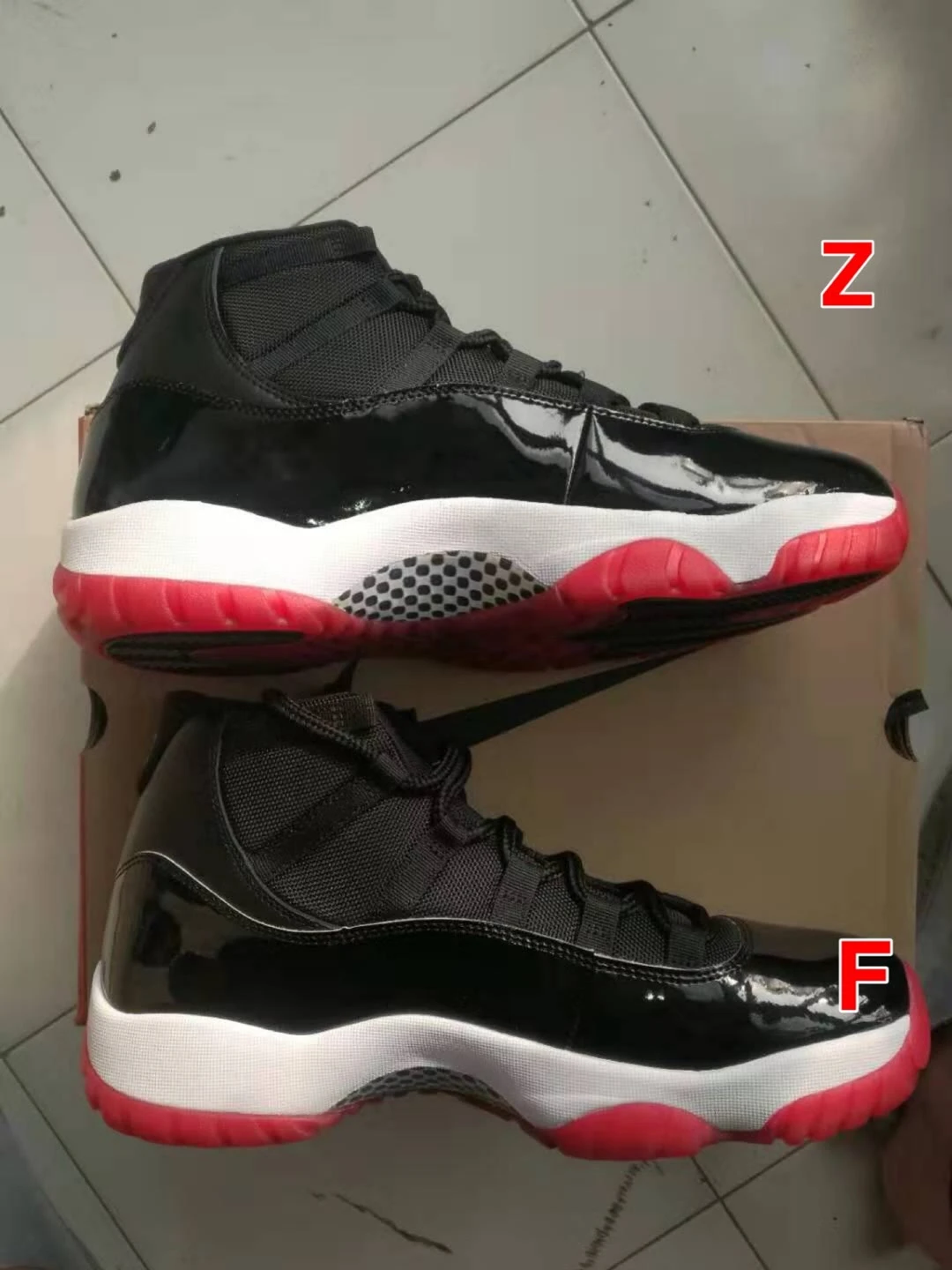 aj11季后赛黑红配色和aj13熊猫配色的真假对比