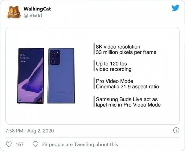 三星Note20 Ultra视频功能曝光 支持8K视频录制，新耳机可当麦克风