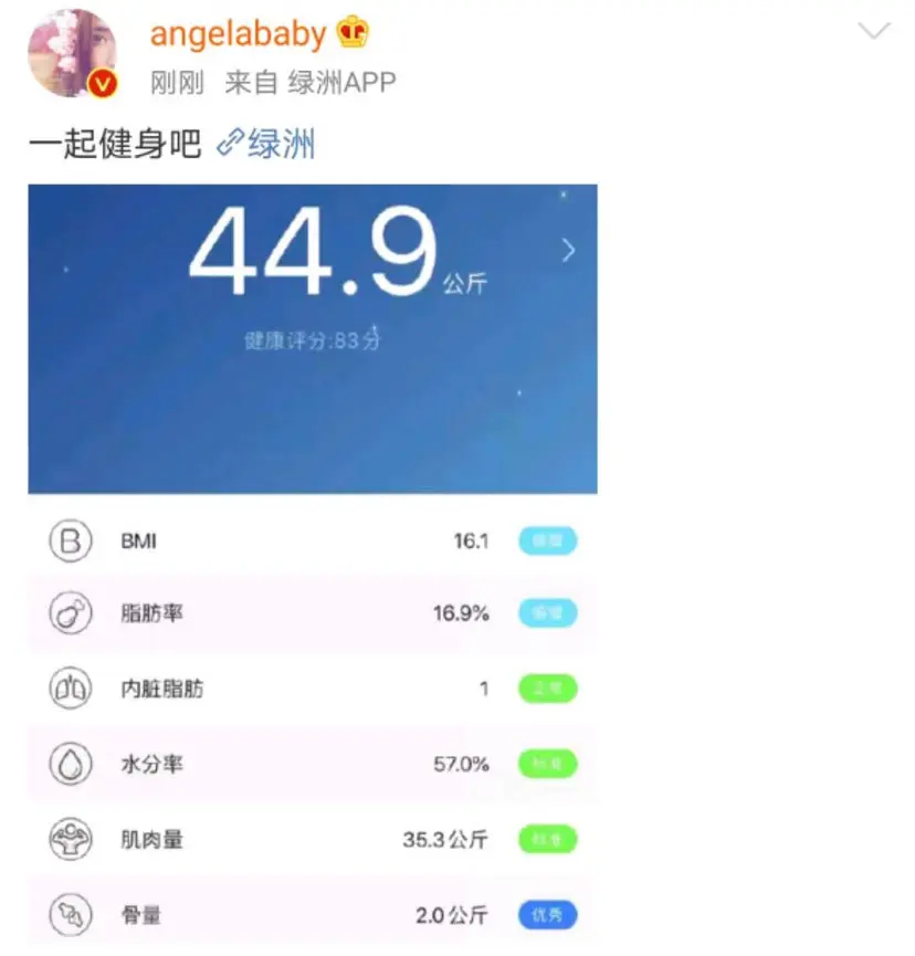 Baby懒理争议晒体重，呼吁大家健身，看到她的体脂率羡慕了